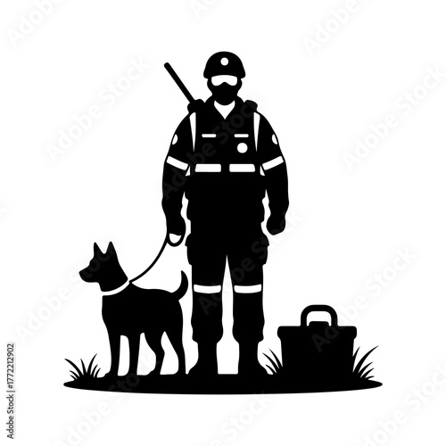 Security guard with working dog with transparent background