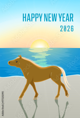 2026年賀状テンプレート 海辺を歩く馬と初日の出ベクターイラスト