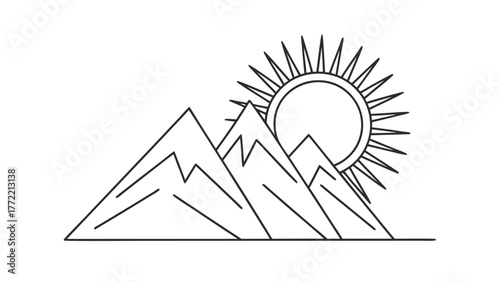 Black and white line art of mountain range with sunburst illustration Keywords: mountain, sun, sunburst, sky, nature, landscape, peak, summit