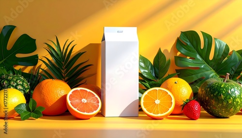 Vibrant tropical fruits and juice box mock up on sunny yellow backdrop ready for branding