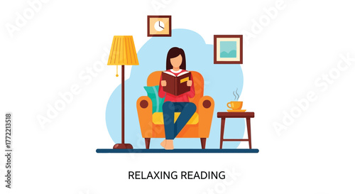 A woman comfortably reading a book in a cozy warmly lit room