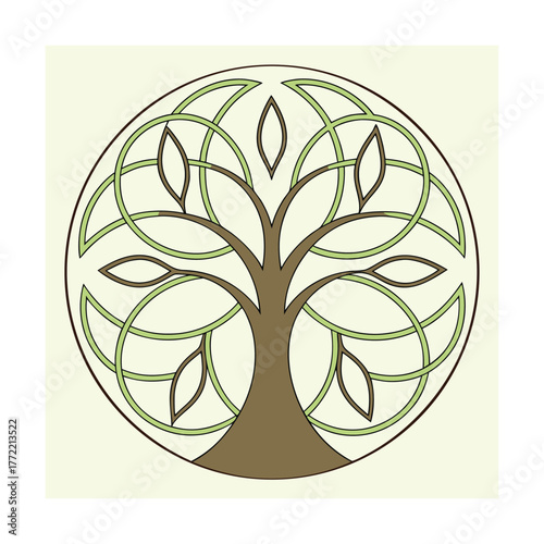 Celtic knot tree of life with green leaves and brown trunk within a circle stylized tree