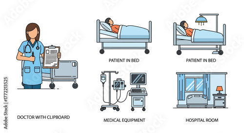 Hospital scene depicting medical staff patients and related healthcare equipment