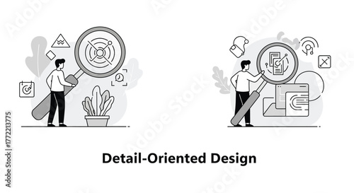 People investigating details with magnifying glasses and various icons shown