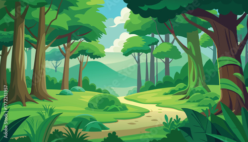 Cartoon Green Forest Landscape with Winding Dirt Path Beautiful Vector Nature Scenery Background