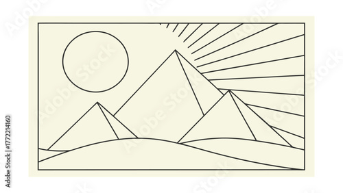 Geometric Egyptian Pyramids and Sun Landscape Line Art Illustration Keywords: egypt, pyramids, giza, desert, sun, sky, sand, ancient, architecture