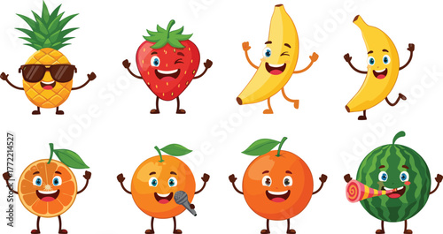 Cute funny cartoon fruit characters vector illustration with happy expressions, colorful design, isolated on white background for kids and stickers