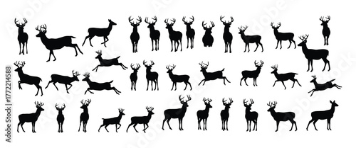Collection of deer silhouettes in various poses suitable for design projects