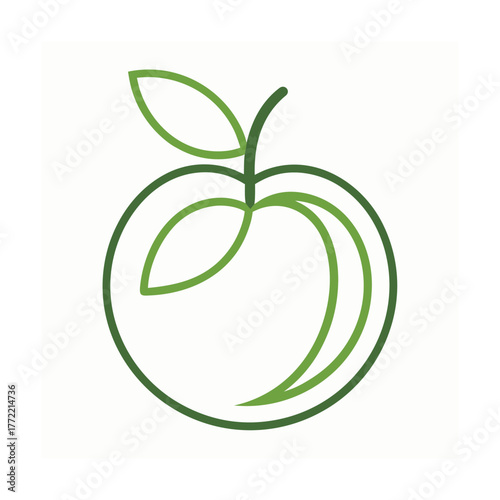 Green line art icon of an apple with two leaves on white background Keywords: apple, fruit, leaf, stem, green, line art, icon, logo, design
