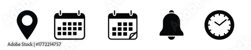Black vector icons for digital interfaces location pin, calendar, bell, and clock symbols for modern UI design