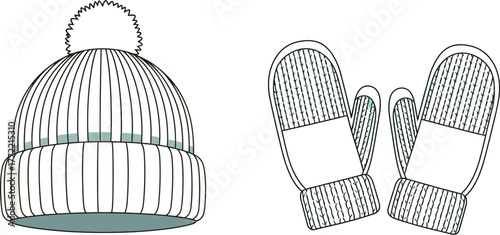 Winter hat and mittens set in light blue and cream on a pale pink background