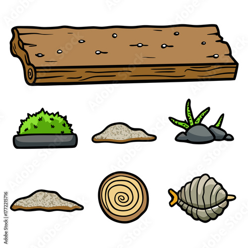 Natural beach elements including wood, sand, stones, and plants  