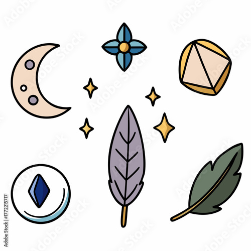 Magical symbols with crescent moon, gemstones, and feathers  