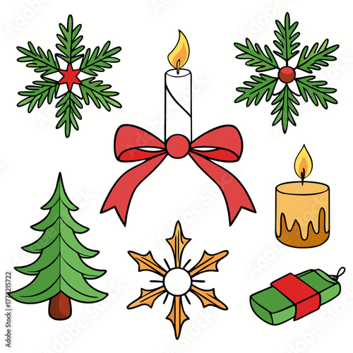 Christmas decorations including trees, candles, and ornaments  