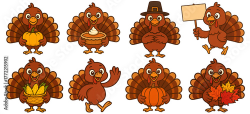 Cute Thanksgiving Turkey Character Set - Cartoon Turkey Icons with Pumpkin, Pie, Corn, Leaves, Pilgrim Hat and Sign, Happy Holiday Vector Illustration on Transparent Background