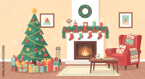 Christmas living room with decorated fireplace and christmas tree