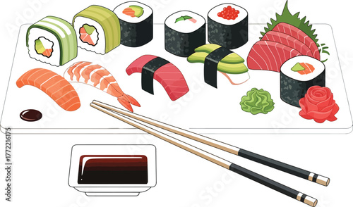 Delicious sushi platter with various rolls and sashimi ready to be enjoyed now