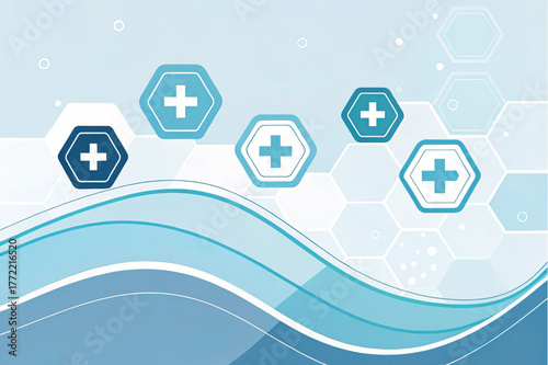 Medical health concept, vector design with cross symbols, hexagons and waves for hospital, clinic or health industry