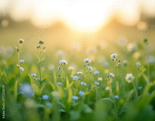 A field of small blue flowers with a soft, blurred background