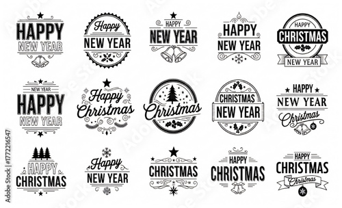 A collection of black and white vintage Christmas and New Year emblems.