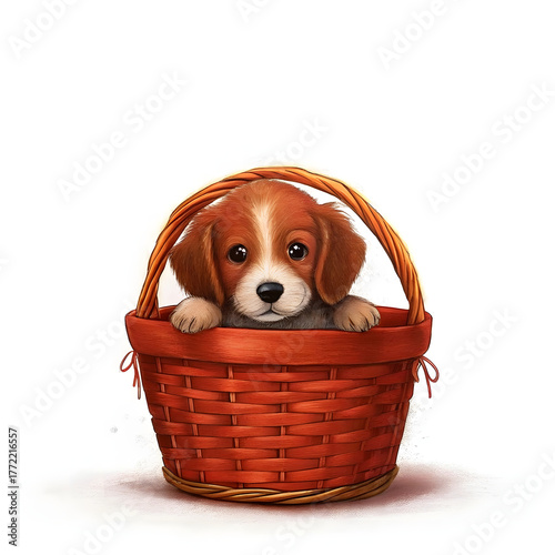 Adorable puppy hiding in a red children's basket looking curiously