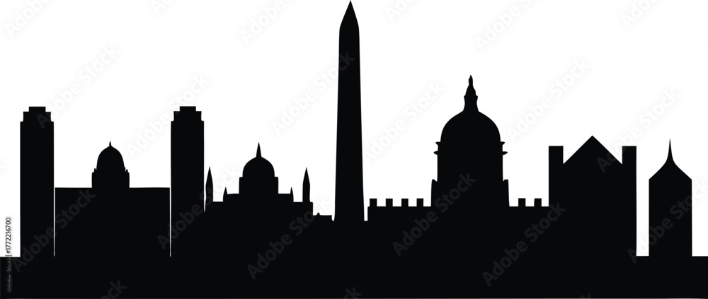 Fototapeta premium Washington DC Skyline Silhouette Vector Illustration with Iconic Landmarks, Washington D.C. Skyline Silhouette Icon Vector Design.