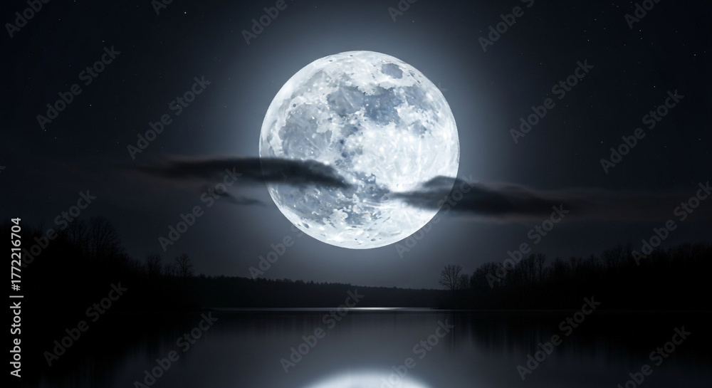 Naklejka premium Stunning full moon illuminates a tranquil lake and dark forest under a starry night sky, creating a magical, serene atmosphere.