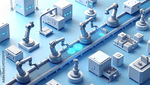3D isometric futuristic illustration of an automated assembly line producing robotic medical devices, featuring robotic arms, scanners, and AI inspection systems — symbolizing advanced medical