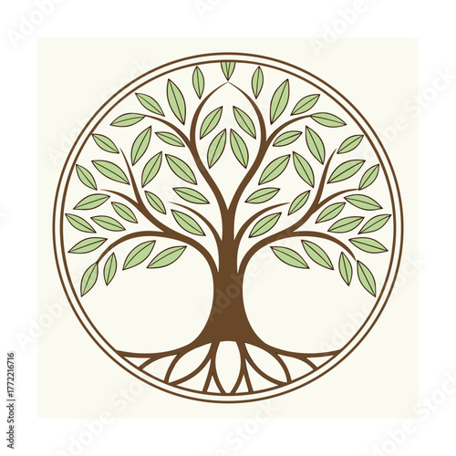 Stylized tree of life with light green leaves and brown branches in a circle circular design