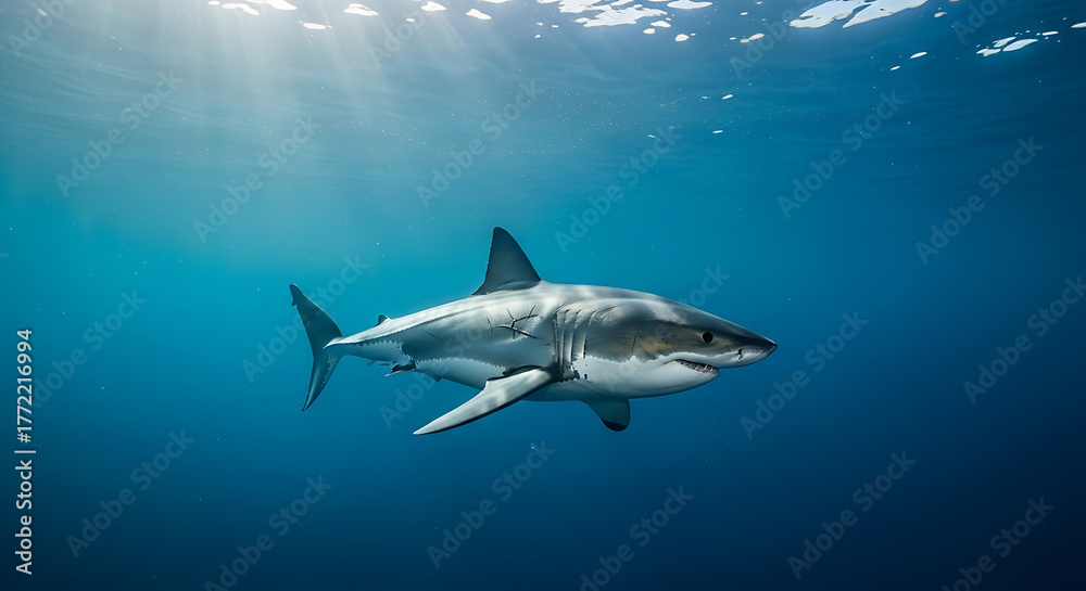 Fototapeta premium Great white shark swims gracefully in deep blue ocean water