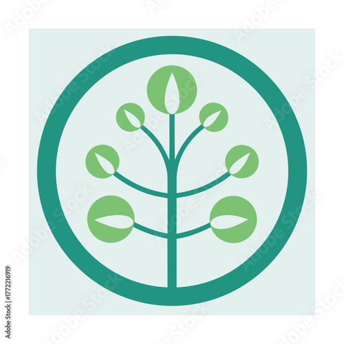 Teal and green stylized tree with leaves inside a circle logo Keywords: stylized, tree, teal, green, leaf, leaves, nature, growth, plant, organic