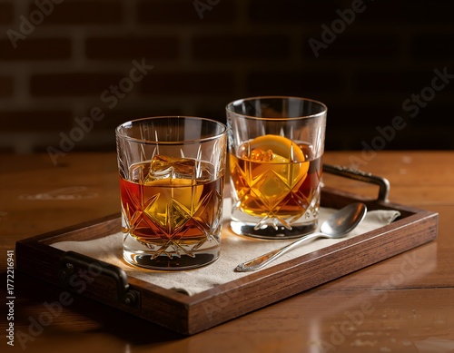 Two glasses of whiskey on a wooden tray with a spoon
