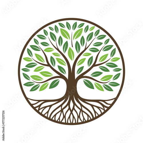 Vibrant tree of life with dark and light green leaves and brown branches in a circle