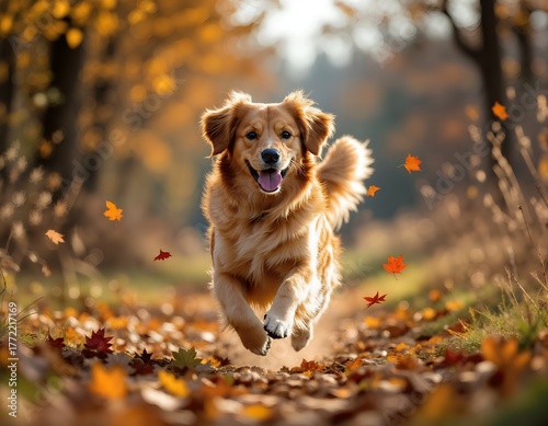 A golden retriever dog running through autumn leaves in a forest
