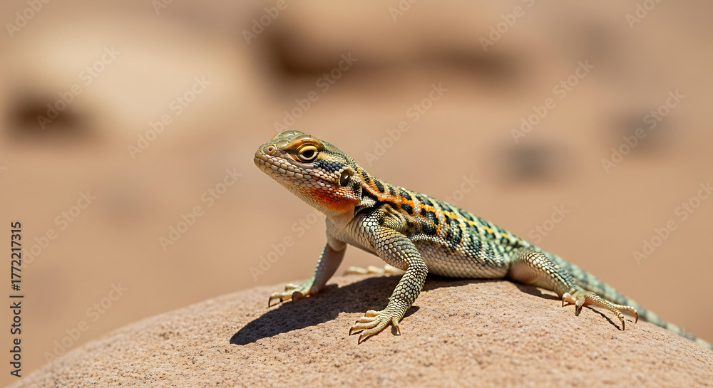 Naklejka premium Desert lizard basking on rock in natural sunlight