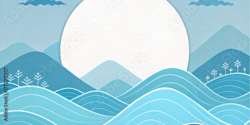Chinese nature vector with blue mountains, big moon, waves and plants for cultural project or decoration