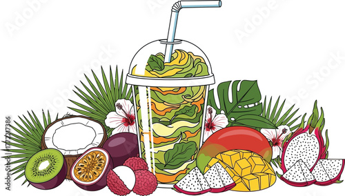 Delicious tropical smoothie with fresh fruits and flowers on a white background