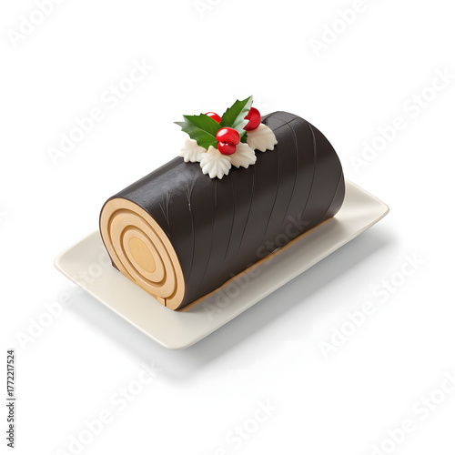 Yule log cake decorated with cream and berries on a white plate