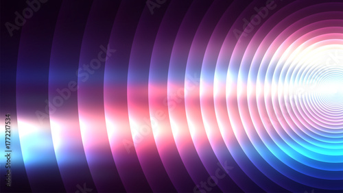 Abstract neon light tunnel with glowing circles and squares digital art vector lens stripes background