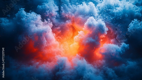 Vivid display of vibrant orange light emanating from a mass of swirling, blue-toned smoke