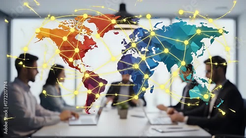 Blurred Business Team Meeting Around Table With Digital World Map Overlay and Light Beams