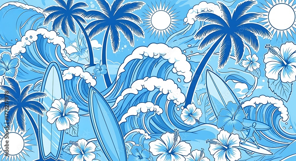 Tropical blue seamless pattern with palm trees waves surfboards and sun