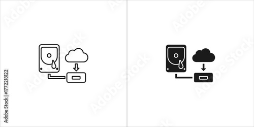 Hard drive data transfer to cloud storage icon, outline and silhouette