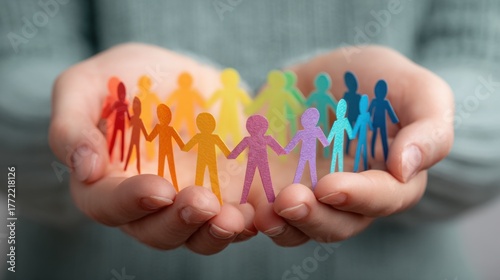 Hands holding colorful paper cutout people figures connected together. Teamwork, unity, diversity, and friendship concept. Paper dolls representing different cultures and cooperation.