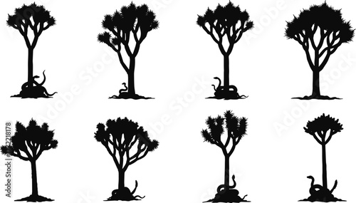 Desert tree silhouettes with snake, wild nature vector illustration, eco design, wilderness landscape, wildlife art, natural environment, reptile concept illustration