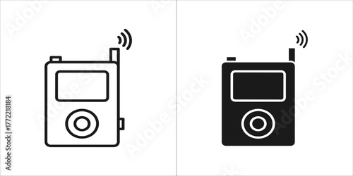 Outline and solid icon of a portable music player with antenna and signal waves