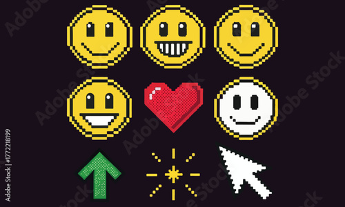 Pixel Art Emoji Set – Retro Smiley Faces, Hearts, and Cursor Vector Icons .
