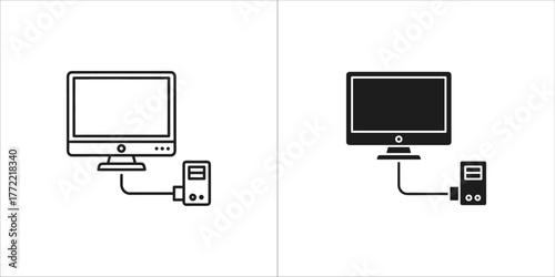 Computer desktop and pc vector icon in simple outline design