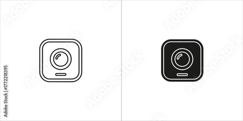 Two icons of a camera lens, one outlined and one filled