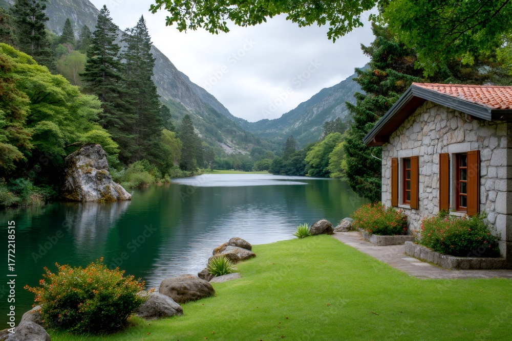 Naklejka premium Stone house sitting by tranquil lake in mountain valley